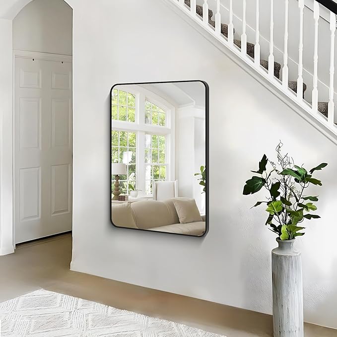 30x40 inch Bathroom Mirror,Black Rectangle Mirror,Wall Mounted Bathroom Frame Vanity Mirror with Round Corner for Bedroom Living Room, Entryway Hangs Horizontal or Vertical-StrideForce Fitness