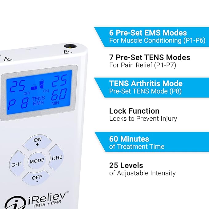 iReliev TENS + EMS Combination Unit Muscle Stimulator for Pain Relief, Arthritis, Muscle Strength - Treats Tired, Sore Muscles in Your Shoulders, Back, Ab's, Legs, Knee's, More-StrideForce Fitness