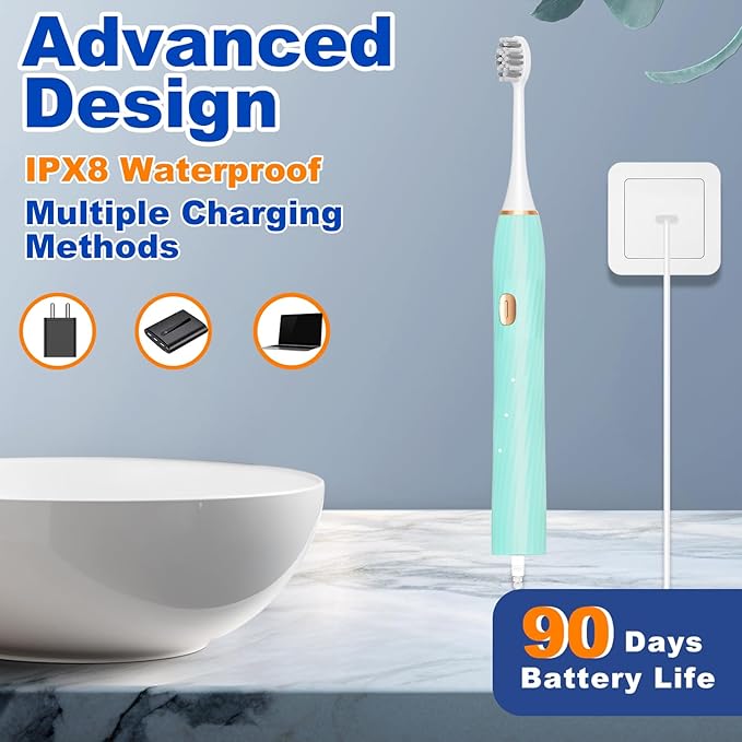 FXQQZZ Electric Toothbrush for Adults and Kids, with Tongue Scraper and Travel Case, 8 Brush Head, Smart Timer & 4 Modes Rechargeable Toothbrush, 42000 VPM Deep Clean, One Charge Last 90 Days -Blue