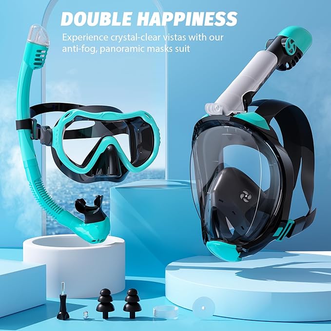 Full Face Snorkel Mask, Snorkeling Gear for Adults Men and Women, 180 Degrees Panoramic View Snorkel Set Anti-Fog Anti-Leak, Dry Top System and Travel Bag for Swimming, Snorkeling-StrideForce Fitness