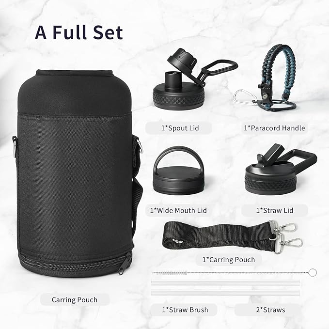 Trebo One Gallon Water Bottle Insulated with Paracord Handle,128oz Large Stainless Steel Water Jug,Vacuum Double Wall Insulated 24hr Cold Retention,Leakproof Flask with 3 Lids,Indigo Black-StrideForce Fitness