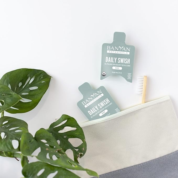 Banyan Botanicals Organic Daily Swish Mint Travel Packets - 12 ct - Ayurvedic Oil Pulling Mouthwash Oil for Oral Health - Coconut Oil Blend for Teeth and Gums