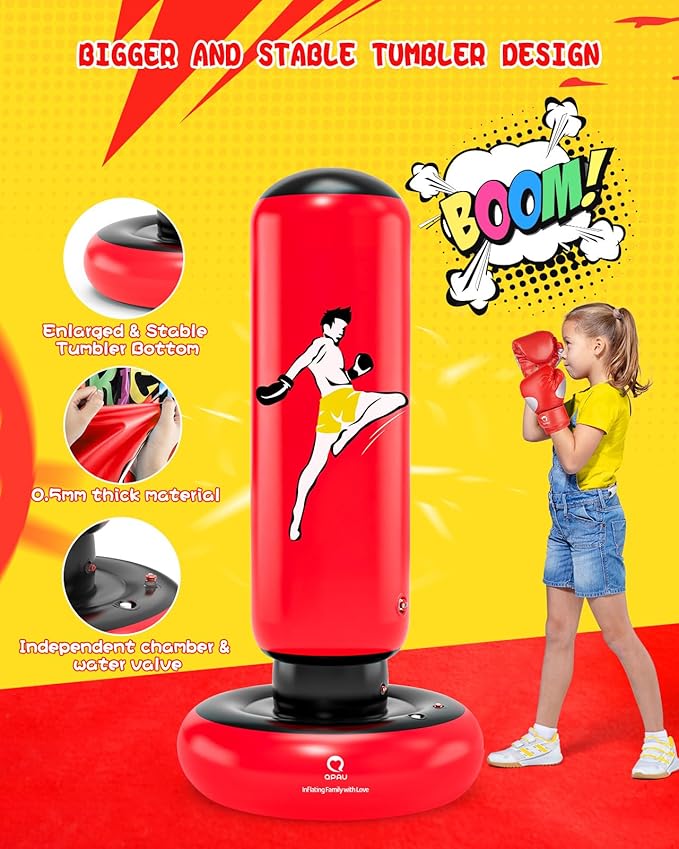 QPAU Kids Punching Bag Toy with Boxing Gloves, 66 Inch Larger Stable Kids Inflatable Boxing Bag Set, Gifts for Boys & Girls Age 6-12, for Practicing Karate, Taekwondo, MMA-StrideForce Fitness