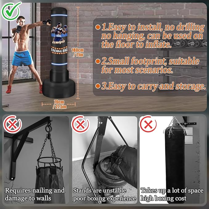 Freestanding Punching Bag for Adults Teens, 71" Heavy Punching Bag with Stand and Boxing Reflex Balls & Electric Air Pump, Inflatable Kickboxing Bag for Training MMA Thai Fitness Karate-StrideForce Fitness