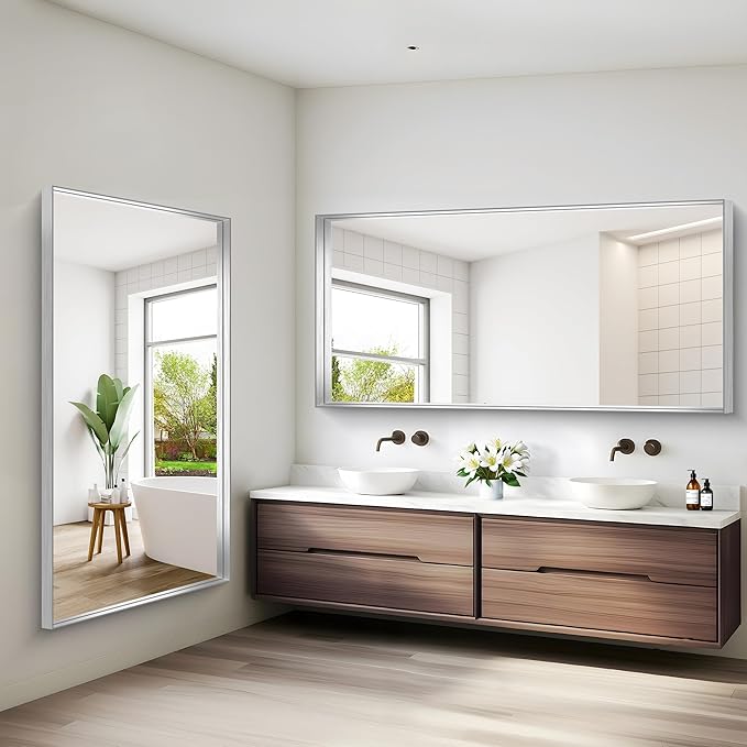 Silver Bathroom Mirror, 72x36 Inch Rectangular Framed Mirror, Large Wall Mounted Bathroom Vanity Mirror Over Sink for Bedroom,Restroom, Living Room, Hangs Vertically or Horizontally-StrideForce Fitness