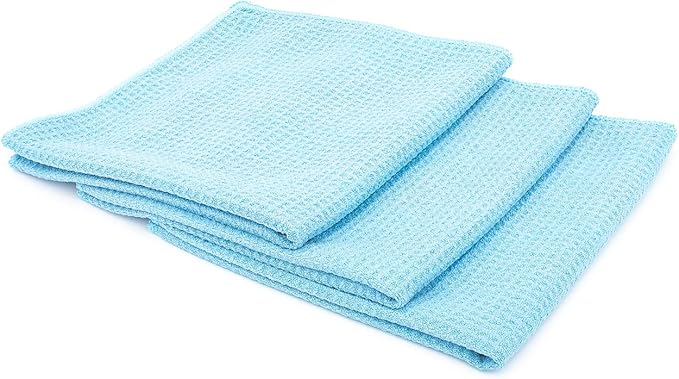 The Rag Company - Standard Waffle Weave Towels, Microfiber Detailing, Window/Glass and Drying, Wax & Polish, Lint-Free, Streak-Free, 370gsm, 16in x 16in, Light Blue (3-Pack)-StrideForce Fitness