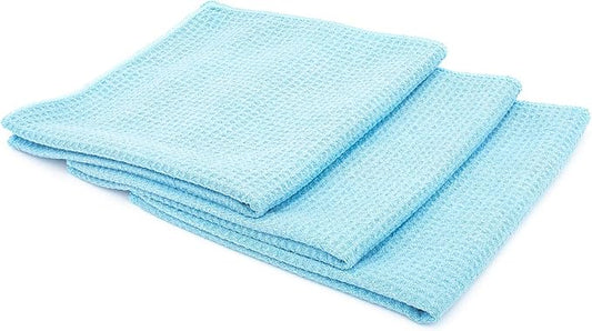 The Rag Company - Standard Waffle Weave Towels, Microfiber Detailing, Window/Glass and Drying, Wax & Polish, Lint-Free, Streak-Free, 370gsm, 16in x 16in, Light Blue (3-Pack)-StrideForce Fitness