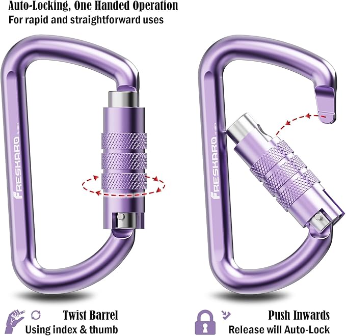FresKaro 3inch 12kN-2698lbs Auto Locking Carabiner Clips, Solid D Shape, Heavy Duty 7075 Aluminum, Lightweight 1.09oz, Rust Proof, for Hammock, Hiking, Dog Leash, Keychain etc., Multi-Colors-StrideForce Fitness