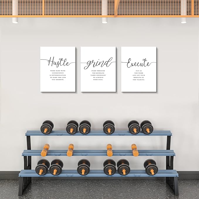 Framed Canvas Wall Art Grind Hustle Quote Poster, Office Wall Art, Positive Motivational Set of 3 Prints, Hustle prints Execute, Inspirational Wall Decor Art (H-3pcs,12x16inchx3pcs)-StrideForce Fitness