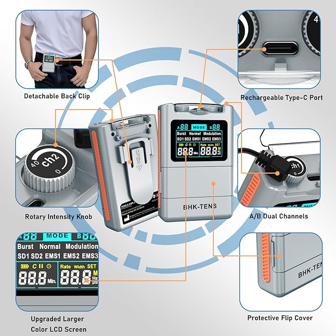 DIY Pluse TENS EMS Unit Muscle Stimulator for Back Pain Relief, Rechargeable TENS Unit Machine with 8 Modes & 8 Electrode Pads. Electric TENS Massager for Chronic Pain, Muscle Relaxation, Home Use-StrideForce Fitness