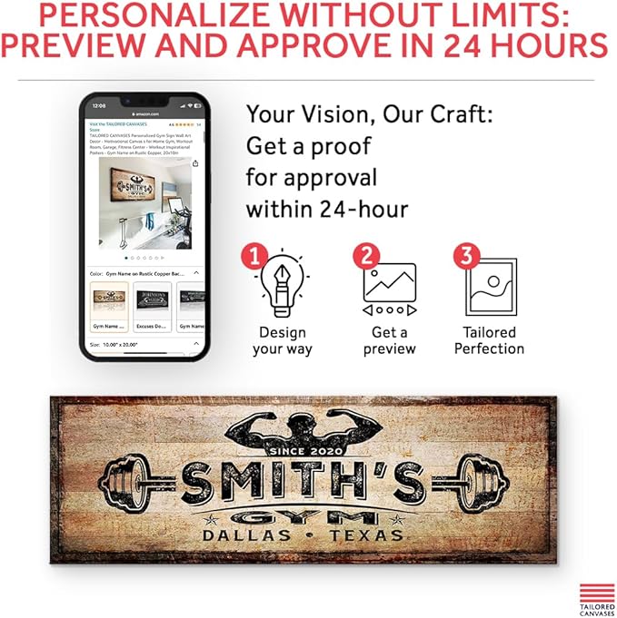 TAILORED CANVASES Personalized Gym Sign Wall Art Decor - Motivational Canvas for Home, Workout Room, Garage, Fitness Center - Inspirational Posters With Name on Rustic Copper, 36x12in-StrideForce Fitness