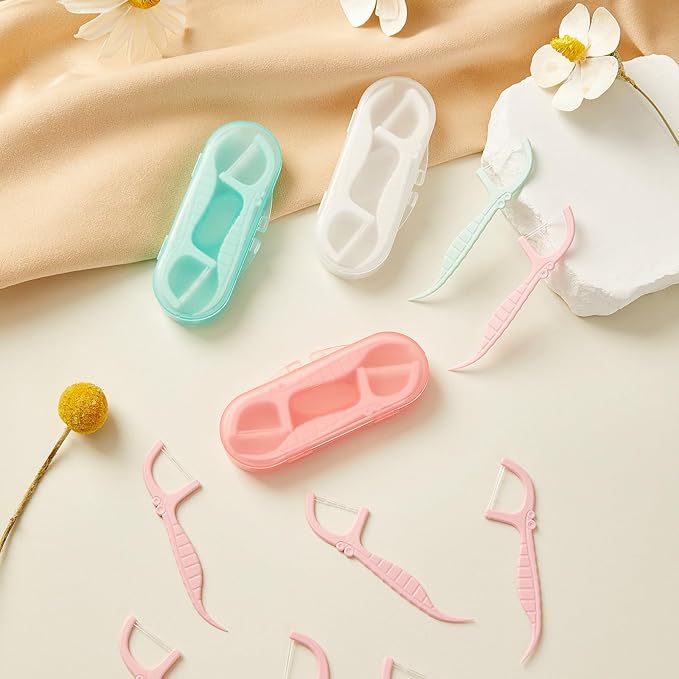 White Mint Dental Floss Picks, 2 Portable Travel Cases (10 Picks) 65 Refills, Double-Line Flossers for Tight Teeth, Fresh Breath, Plaque Removal, On-The-Go Oral Care