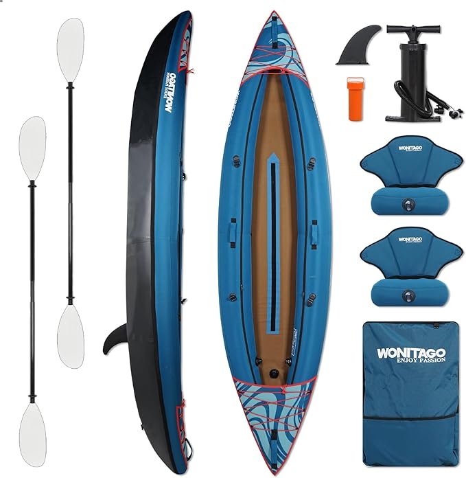 Inflatable Kayak, Portable Ripstop Oxford Cloth Recreational Touring Kayak with Fiberglass Kayak Paddle, Hand Pump and Carrying Bag, 1/2 Person-StrideForce Fitness