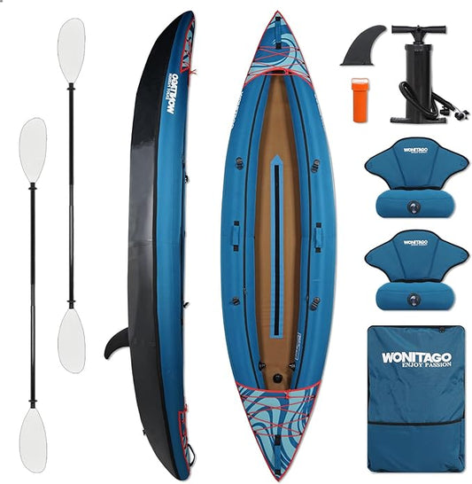 Inflatable Kayak, Portable Ripstop Oxford Cloth Recreational Touring Kayak with Fiberglass Kayak Paddle, Hand Pump and Carrying Bag, 1/2 Person-StrideForce Fitness
