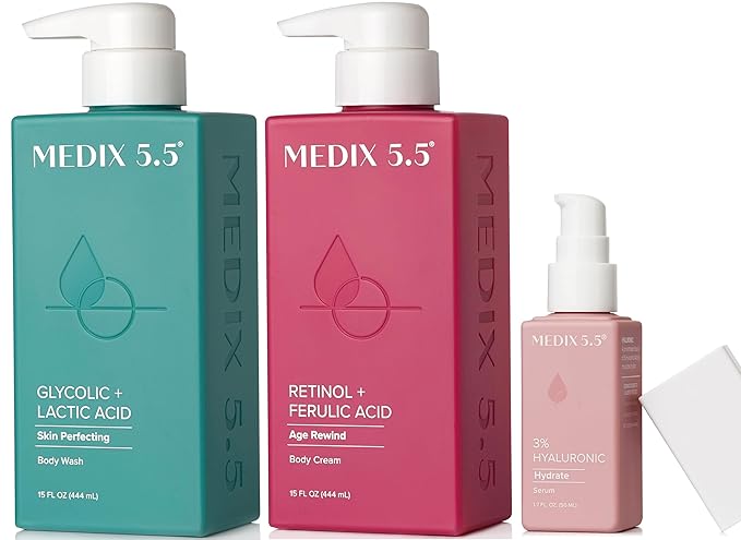 Medix 5.5 Anti Aging Skin Care 3PC Set | Retinol Body Cream + Exfoliating AHA Glycolic Acid Foaming Face Wash & Body Wash + Hyaluronic Acid Serum Booster, Cleanse + Treat + Hydrate Skincare Set, 3PC-StrideForce Fitness
