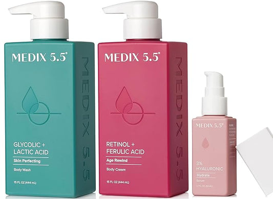 Medix 5.5 Anti Aging Skin Care 3PC Set | Retinol Body Cream + Exfoliating AHA Glycolic Acid Foaming Face Wash & Body Wash + Hyaluronic Acid Serum Booster, Cleanse + Treat + Hydrate Skincare Set, 3PC-StrideForce Fitness