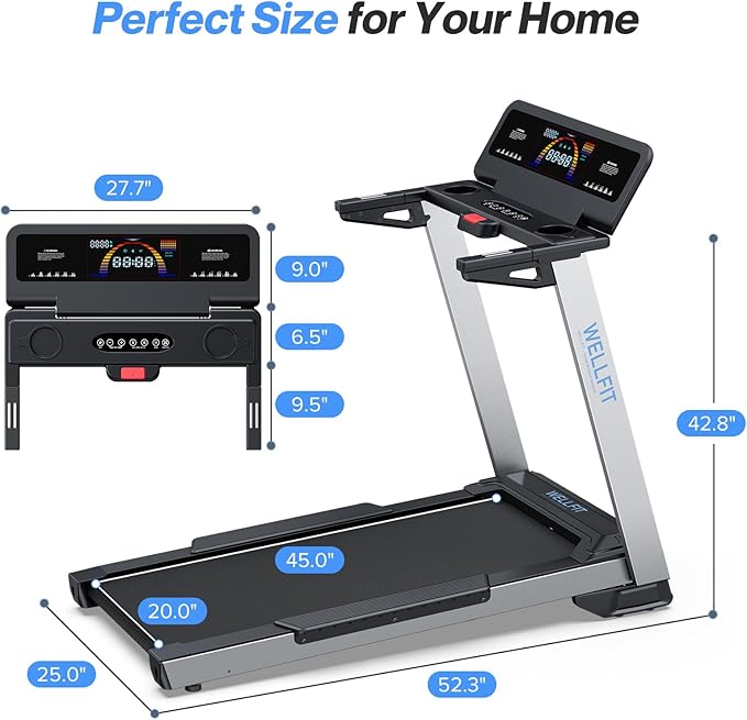 WELLFIT Treadmill for Home, 2 Level Incline Heavyduty Treadmill with Pulse Sensor, 4.0 HP, 1.0-10.0 MPH, 450/360 lbs Capacity, Large Running Area Treadmills with Bluetooth Player & LED Display-StrideForce Fitness