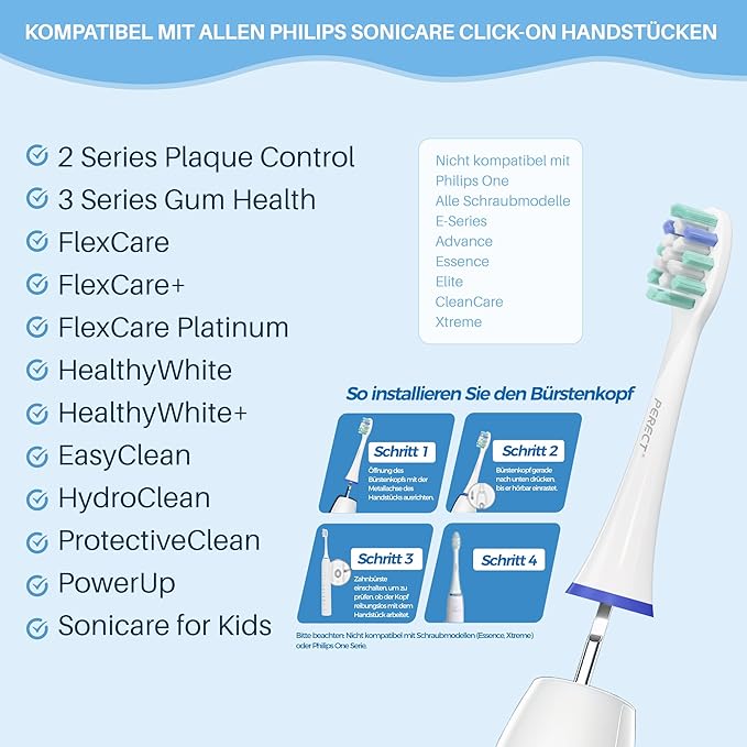 PERECT Soft Replacement Toothbrush Heads 6-Pack for Philips Sonicare Click-On Models – Fits 4100, 5100, 6100, 9023, W Optimal Plaque Control, Not Compatible with Essence/E-Series or Philips One