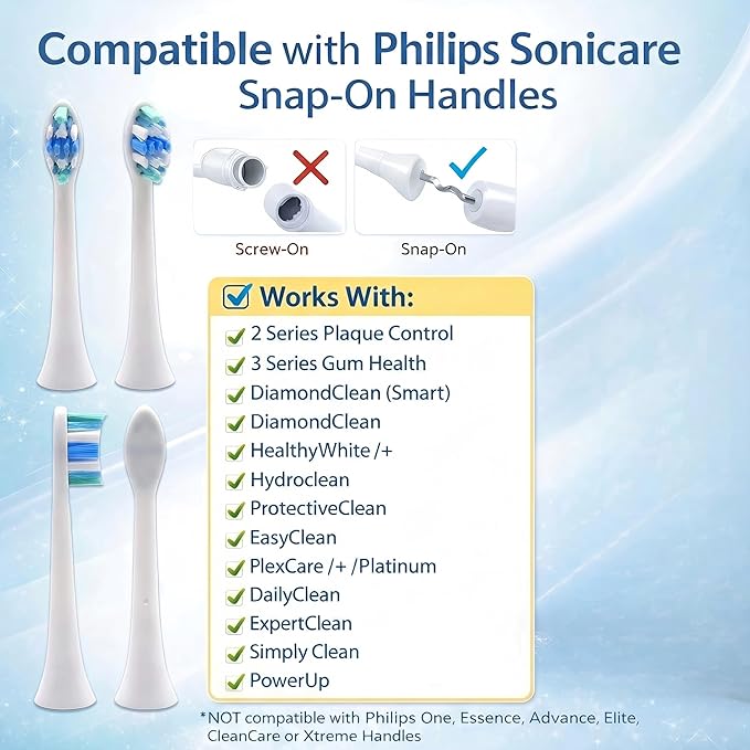 8 Pack Replacement Toothbrush Heads Compatible with Philips Sonicare Electric Handles, High Density Bristles for Plaque Control & Gum Health, Standard Size Click-on System, White
