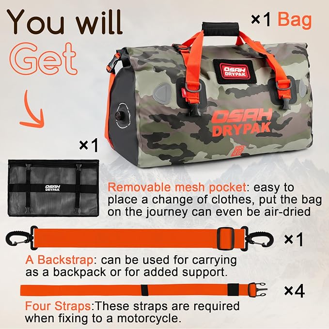 Waterproof Duffel Bag - Motorcycle Dry Bag Tail Bag with Large Storage Space, Waterproof Luggage Duffle Bags with Outer Mesh Zipper Pocket for Camping, Kayaking, Fishing & Traveling-StrideForce Fitness