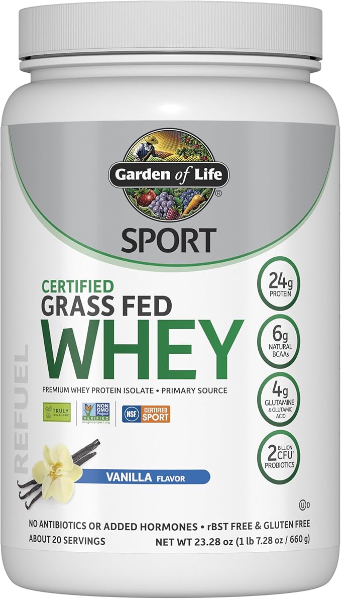 Garden of Life SPORT Whey Protein Powder Vanilla, Premium Grass Fed Whey Protein Isolate plus Probiotics for Immune System Health, 24g Protein, Non GMO, Gluten Free, Cold Processed - 20 Servings-StrideForce Fitness