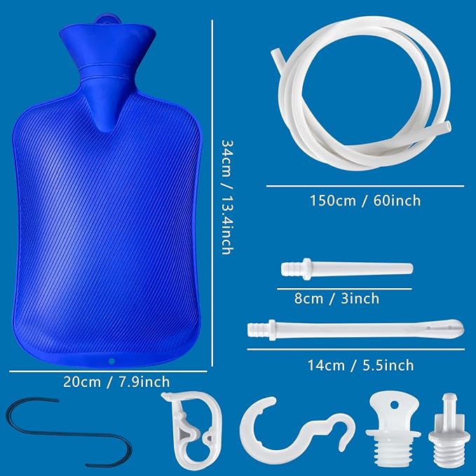 2 L Home Enema Bag Kit with 2 Enema Tips,60 inch Long Silicone Hose, Controlable Water Flow Valve, Hot-Water Bottle for Colon Cleansing Enemas（Blue）-StrideForce Fitness