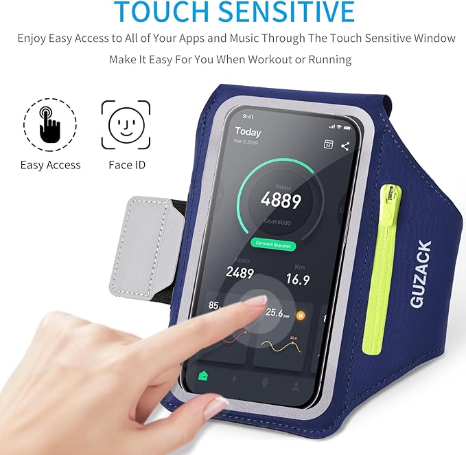 GUZACK Running Armband, Running Phone Holder with Key Pockets & Card Slot for iPhone 15 14 13 12 11 Pro Max Plus, Galaxy S24 S23/S22/S21 Fit Up to 6.9 Inches, Navy Blue Green Zipper-StrideForce Fitness