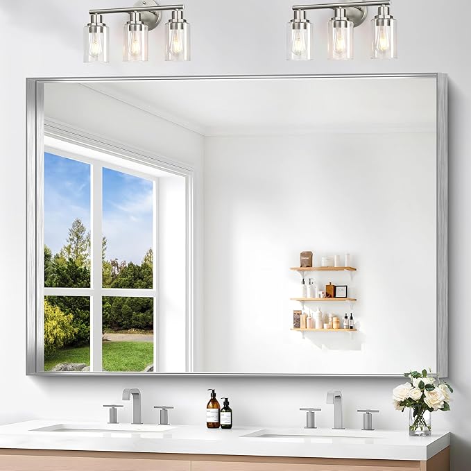 Silver Bathroom Mirror, 36x48 Inch Rectangular Deep Frame Mirror, Large Wall Mounted Bathroom Vanity Mirror Over Sink for Bedroom,Restroom, Living Room, Hangs Vertically or Horizontally-StrideForce Fitness