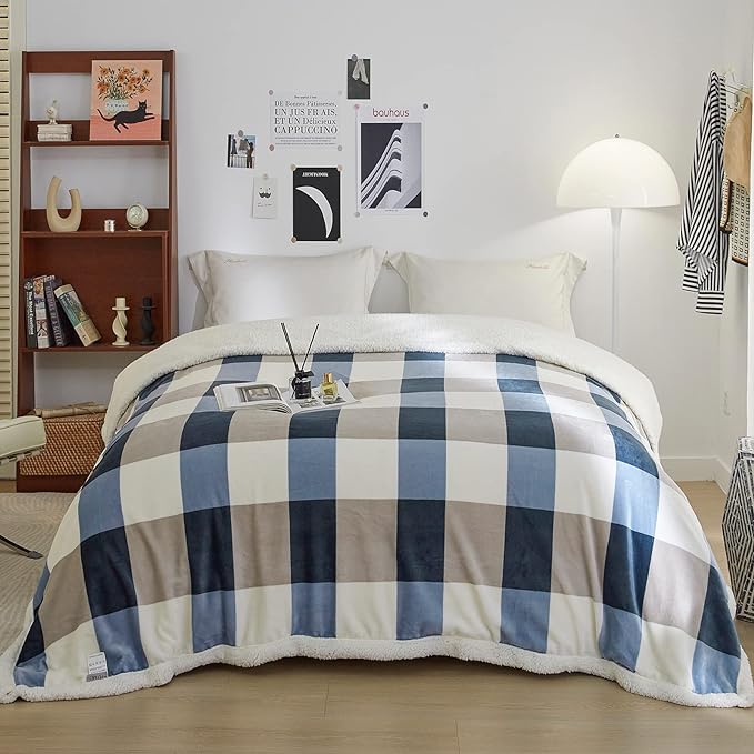 PU MEI Sherpa Fleece Throw Blanket 80" x 90" Full/Queen Reversible Plush Fluffy Extra Large Big Blanket Lattice Flannel Blankets for Sofa Couch Bed (Grey-Soft Blue, 80"*90")-StrideForce Fitness