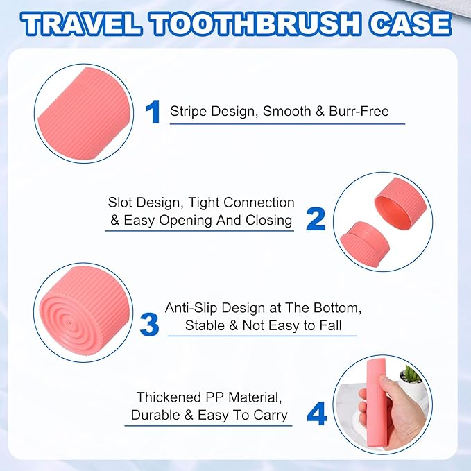 uxcell 2Pcs Travel Toothbrush Case, 7.9x1.2x1.2 Portable Travel Toothbrush Holder with Streak, Plastic Toothpaste Container for Bathroom, Gym, Business Trip, Camping, Pink