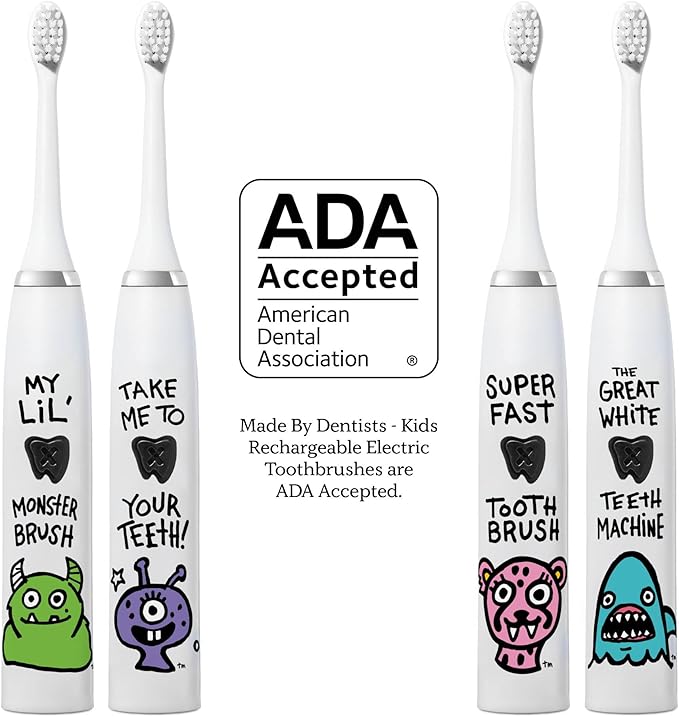 Made by Dentists Kids Electric Toothbrush - Rechargeable Vibrating Toothbrush with Timer, Includes 6 Replacement Heads, Halloween Gifts for Kids, Girls and Boys, Kid & Toddlers Age 2+, Monster