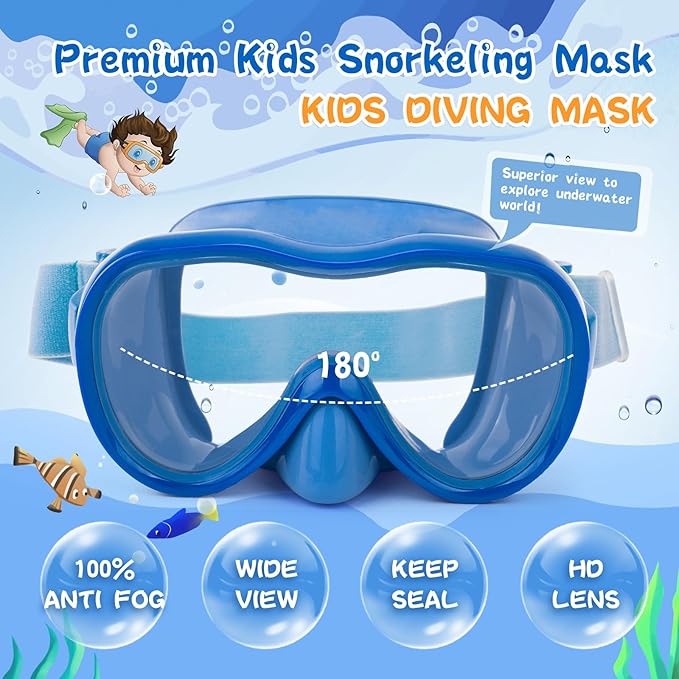 Kids Swim Goggles 180° Snorkel Diving Mask with Nose Cover, Anti-Fog Kids Swimming Goggles with Elastic Fabric Strap for Kids Boys Girls-StrideForce Fitness