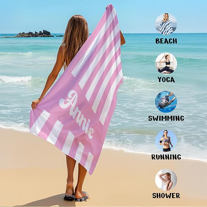 JML Personalized Beach Towel with Name, Custom Cabana Stripe Beach Towel, Customized Microfiber Pool Towel, Quick Dry & Absorbent Swim Towel for Adult,Mother's Day, Birthday, Summer Holiday,Vacation-StrideForce Fitness
