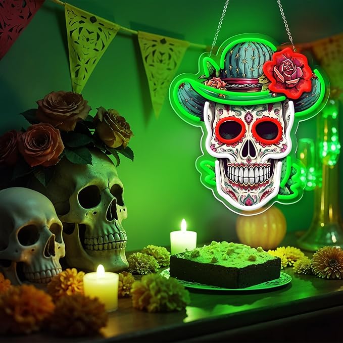 Day of the Dead Neon Sign - Mexican Sugar Skull LED Neon Light for Home & Bar Decor,UV Printed Art with Flexible LED Strip,Halloween & Día de Muertos Party Decoration（green)-StrideForce Fitness