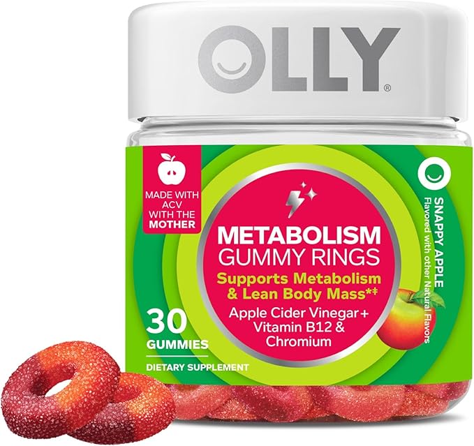 OLLY Metabolism Gummy Rings, Apple Cider Vinegar, Vitamin B12, Chromium, Energy and Digestive Health, Chewable Supplement, Apple Flavor - 30 Count-StrideForce Fitness