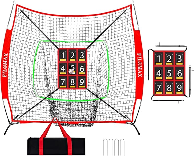 7x7 ft Baseball & Softball Practice Net with 9 Numbered Strike Zone | PRO Training Net for Hitting, Pitching & Batting | with Carry Bag, Bow Frame for All Ages & Skills-StrideForce Fitness
