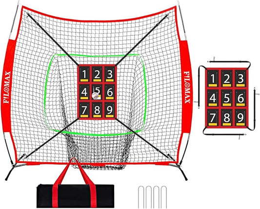 7x7 ft Baseball & Softball Practice Net with 9 Numbered Strike Zone | PRO Training Net for Hitting, Pitching & Batting | with Carry Bag, Bow Frame for All Ages & Skills-StrideForce Fitness