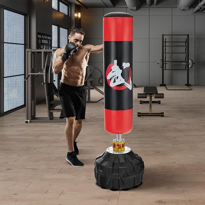 GYMAX Punching Bag for Adults, 70” Punching Stand with Suction Cup Base, TPR Shock Absorber & Multi-Layer Construction, Standing Punching Bag, Heavy Duty Boxing Equipment for Kickboxing MMA Muay-StrideForce Fitness