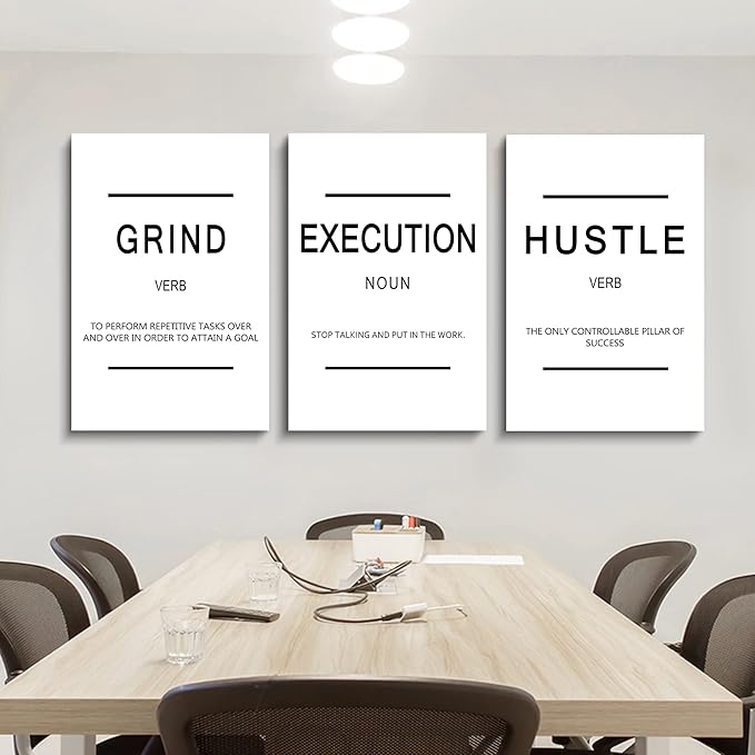 Framed Canvas Wall Art Success Quote, Office Wall Art, Black Large Poster, Positive Motivational Set of 3 Prints, Grind Execution Hustle Poster, Inspirational Print (C-3pcs,24x36inchx3pcs)-StrideForce Fitness