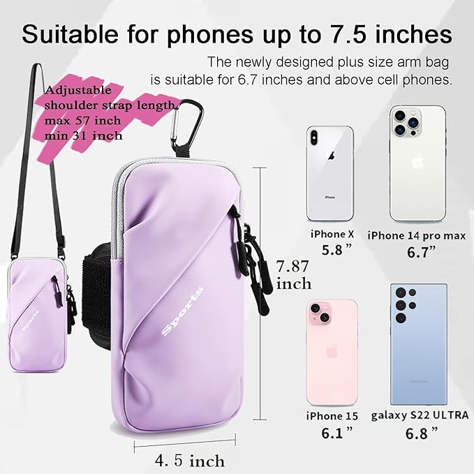 Phone Holder Arm Bands, Small Crossbody Shoulder Holsters Bag with Arm Band, Fits iPhone and All Cell Phones, Use for Running, Walking, Hiking & Biking (Plus Size Purple)-StrideForce Fitness