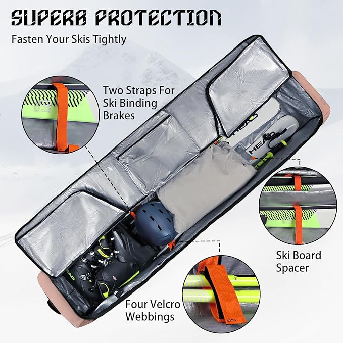 Goloni Ski Bag with Wheels,Padded Snowboard Bag for Air Travel,600D Waterproof Fabric,Foldable Snow Bag Fits 2 Pairs Skis-StrideForce Fitness