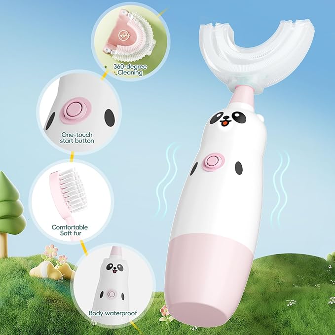 Kids U-Shaped Electric Toothbrush with 2 Brush Heads, Toddlers Sonic with 360 Degree Cleaning, Soft Bristles, Battery Included, IPX7 Waterproof, Cute cartoon for Girls and Boys,Ages 2-7 (Pink)