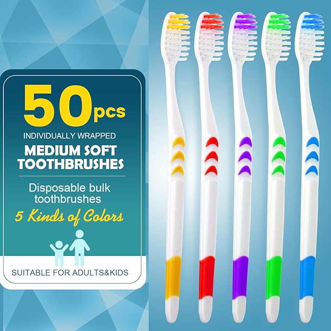 Navona 50 PCS Premium Individually Wrapped Bulk Toothbrush Pack, Disposable Toothbrushes, Kids Toothbrush, Medium Soft Bristle Toothbrushes, Ergonomics Handle, Perfect for Travel Hotel Donation