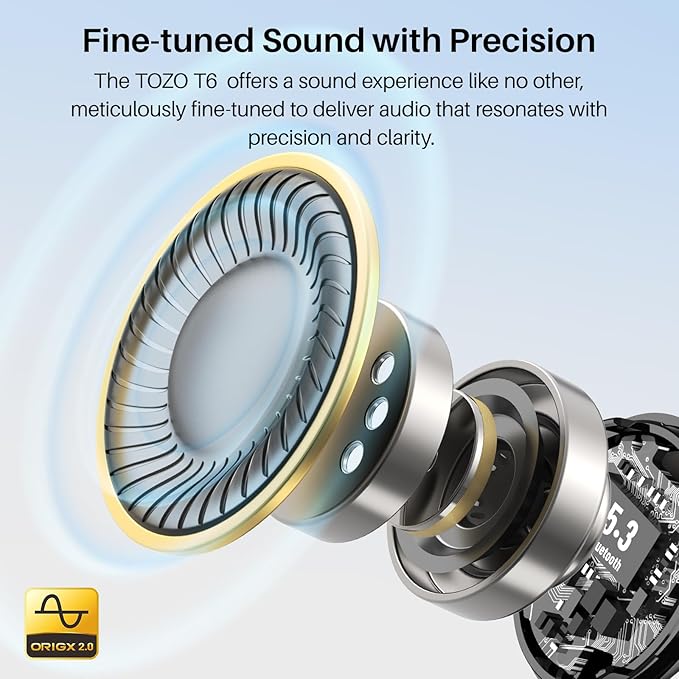 TOZO T6 Wireless Earbuds, IPX8 Waterproof Ear Buds, Stereo Bass Sound Bluetooth 5.3 Headphones in Ear, 50 Hours Playtime Earphones, Wireless Charging Case, Custom 32 EQ via APP-StrideForce Fitness