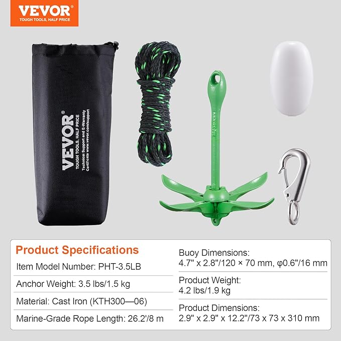 VEVOR Kayak Anchor Kit, 3.5 lb Paddle Board Anchor Kit with 26.2 ft/8 m Rope and Buoy, Folding Small Boat Anchor with Storage Bag and Snap Hook, Kayak Accessories for Kayaks, Small Boats, Canoes-StrideForce Fitness