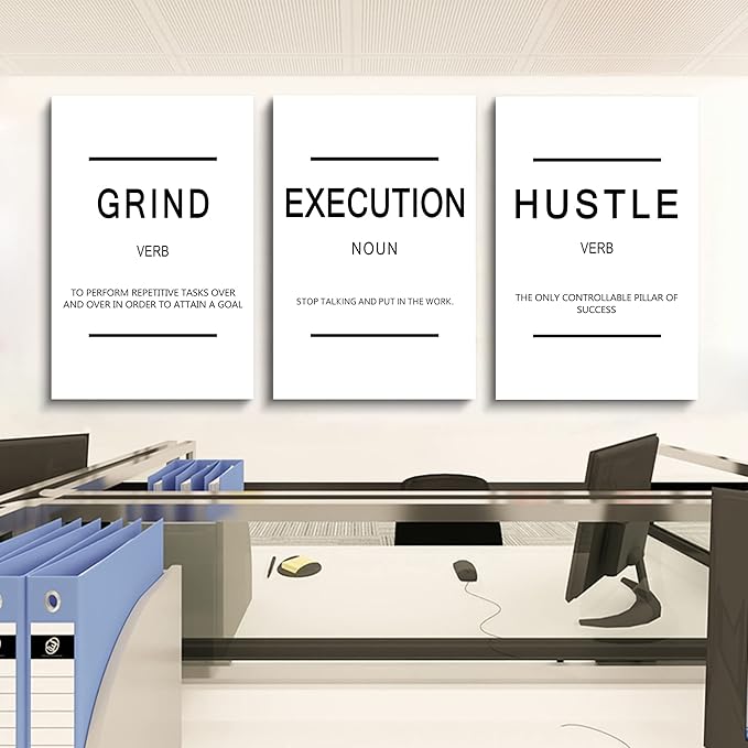 Framed Canvas Wall Art Success Quote, Office Wall Art, Black Large Poster, Positive Motivational Set of 3 Prints, Grind Execution Hustle Poster, Inspirational Print (C-3pcs,24x36inchx3pcs)-StrideForce Fitness