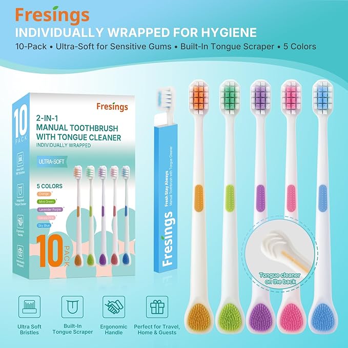 10-Pack Ultra Soft Toothbrushes for Sensitive Gums, Extra Soft Bristles, Built-in Tongue Scraper, Individually Wrapped Manual for Adults & Kids, Travel, Home, Guest, Braces, 5 Colors