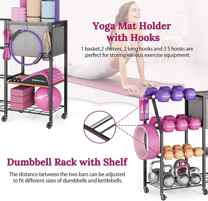 Dumbbell Rack for Kettlebell Dumber,Weight Rack Stand with Yoga Mat Holder,Home Gym Storage Rack for Gym Equipment Accessories,Workout Equipment Storage Organizer,Gym Essentials Yoga Gifts for Women-StrideForce Fitness