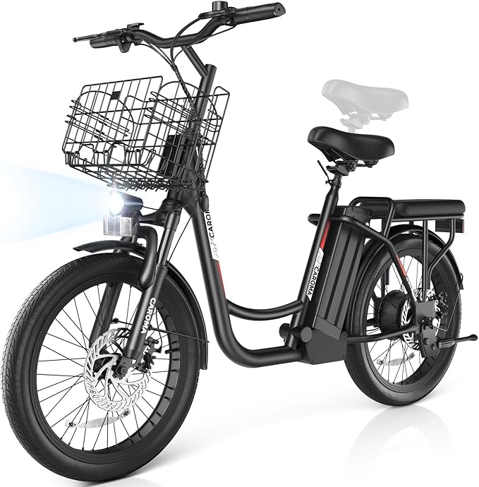 Caroma Electric Scooter with Seat, 48V Removable Battery E-Bike, Up to 30Miles&20MPH, 500/800/1200W Motor, 20" Fat Tire Adult Electric Bicycles for Commuting with Basket-StrideForce Fitness