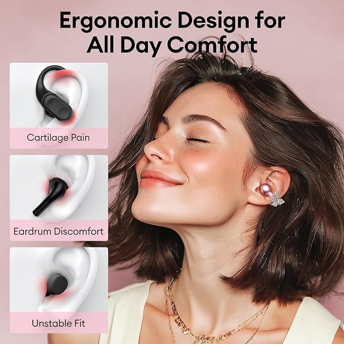 PAXA Stylish Open Ear Clip On Earbuds with Removable Butterfly Earring, Clip On Headphones with LCD Touch Screen, Fashionables Open Ear Headphones for Women, Butterfly Earring Rose Gold Earbuds-StrideForce Fitness
